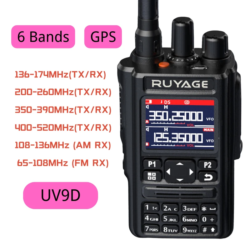 Ruyage UV9D GPS 6 Bantları Amatör Ham İki Yönlü Radyo 256CH Hava Bandı Walkie Talkie VOX DTMF SOS LCD Renkli Polis Tarayıcı Havacılık