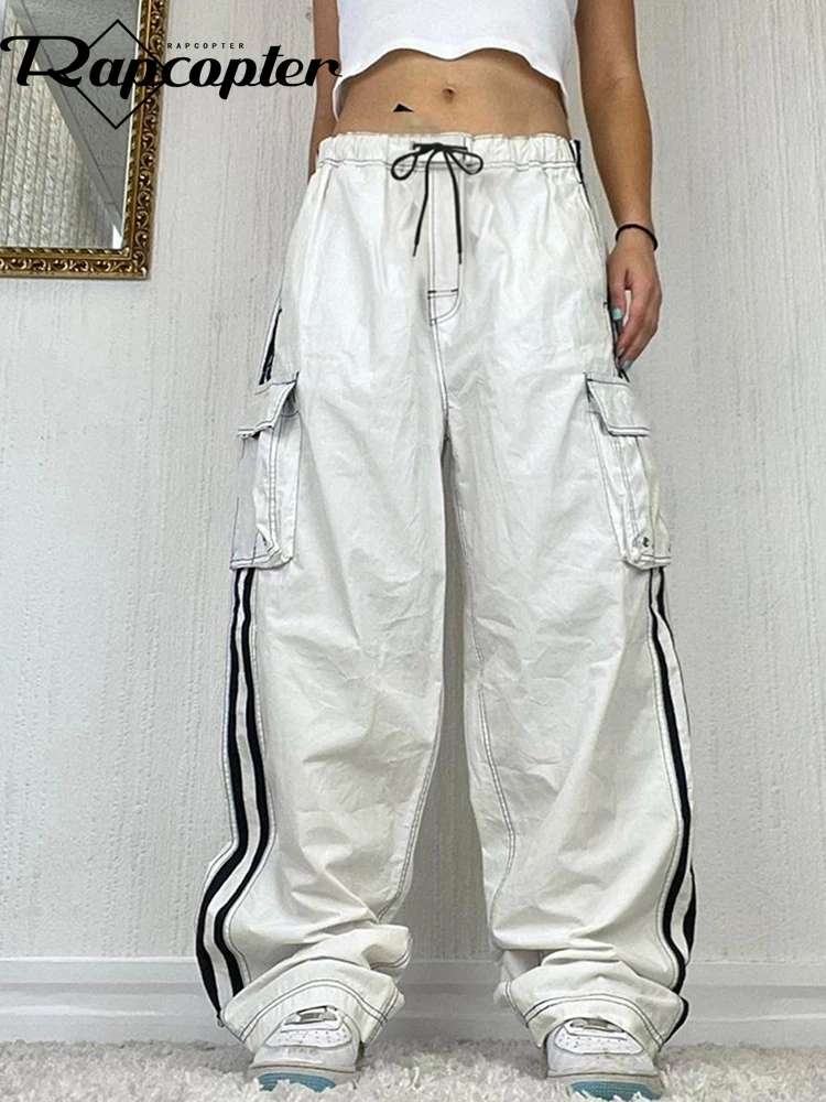 Rapcopter y2k Beyaz Çizgili Kargo Kot Büyük Cepler Vintage Streetwear Pantolon Kadın Sportif Moda günlük kot Kore Punk