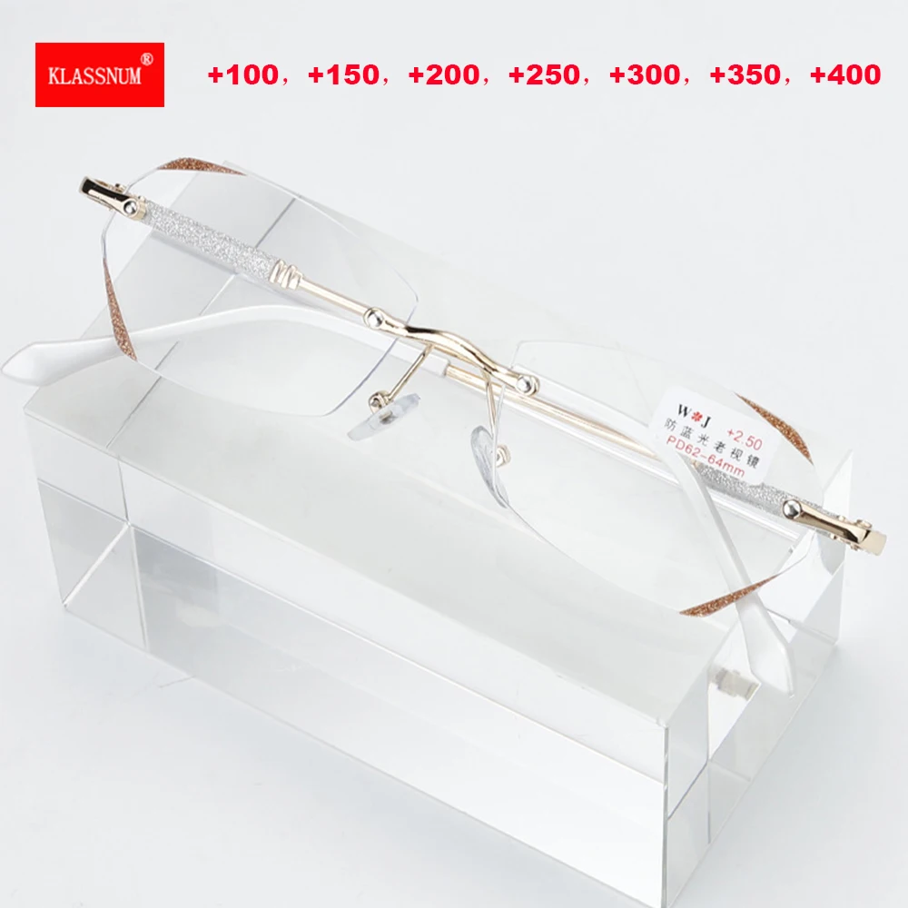 Okuma gözlüğü Kadın Çerçevesiz Elmas Kesim Kenar Presbiyopi Gözlük Şeffaf Lens Büyüteç Bilgisayar okuma gözlüğü 0 İla + 4.0