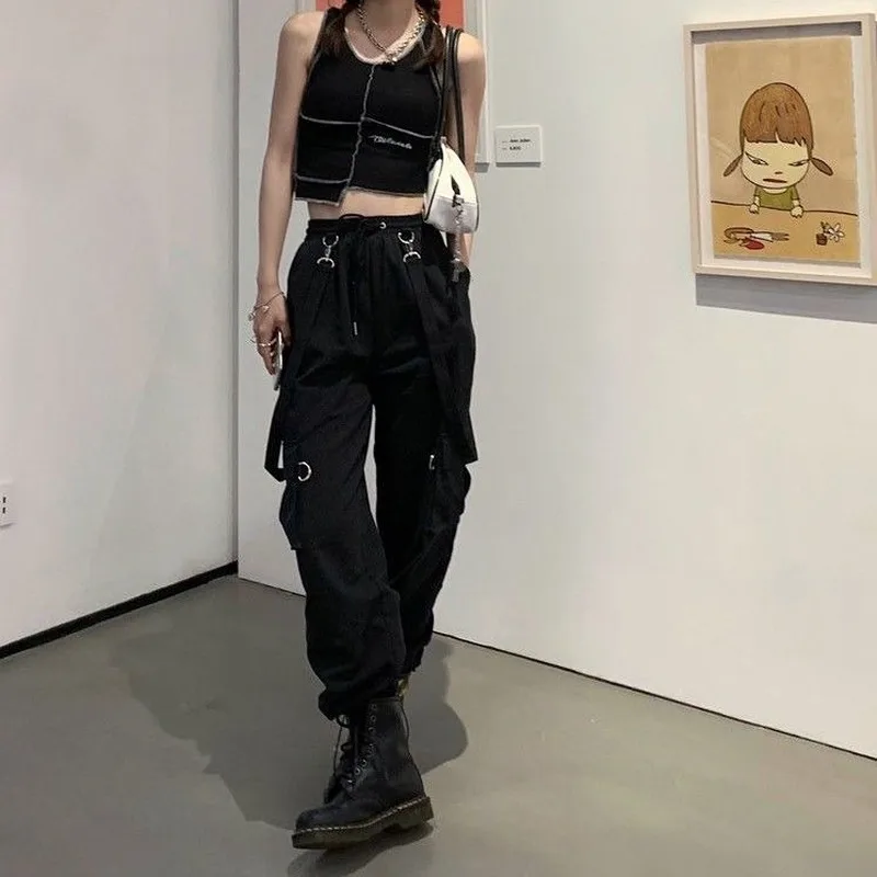 Gotik Kargo Pantolon Kadın Harajuku Siyah Yüksek Belli Hippi Streetwear Boy Alışveriş Merkezi Goth Geniş Pantolon Kadın