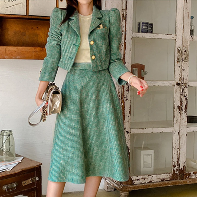 Moda Kadın Ofis Kıyafet Şerit Vintage Lady Tek Göğüslü Kısa Blazer Ceket Takım Elbise Ceket Yüksek Bel Midi Etek 2 parça setleri