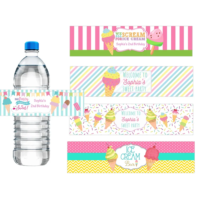 30 adet Dondurma Tema Doğum Günü Partisi Su şişe etiketleri Özelleştirmek İlk Doğum Günü Bebek Duş Kişiselleştirilmiş Yaz Parti Çıkartmaları