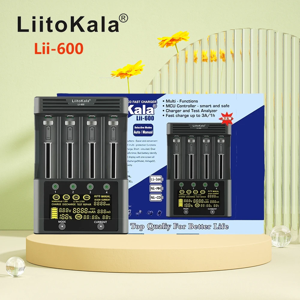 LiitoKala Lii - 600 pil şarj cihazı Li-İon 3.7 V ve NiMH 1.2 V pil için Uygun 18650 26650 21700 26700 AA + 12V5A adaptörü