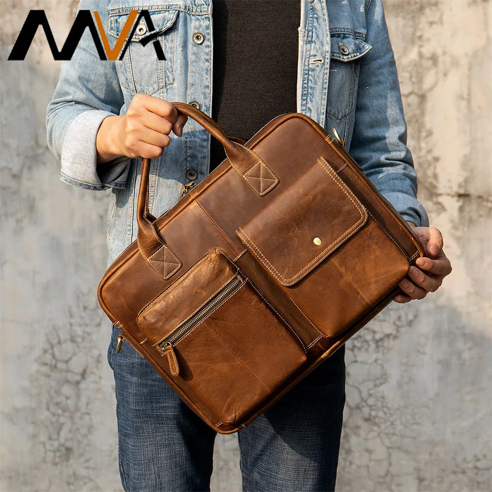 MVA erkek Hakiki Deri Evrak Çantası Fit 15 inç laptop çantası Erkek Çanta Çılgın At Deri erkek omuzdan askili çanta Belgeler İçin Erkek