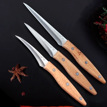 Mutfak Oyma Bıçakları 3 ADET Set Profesyonel Şef Keskin Iyi Gıda Meyve Tabağı Kayın Ahşap Saplı Soyma Ana Bıçak