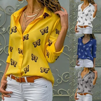 Moda kadın Kelebek Baskı Bluz Gömlek 2021 İlkbahar Yaz Casual Uzun Kollu V Boyun Bayanlar Düğmeler Gevşek Bluzlar Tops