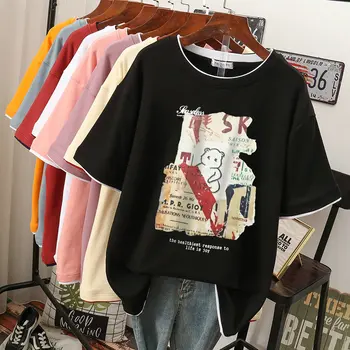 EBAIHUI %100 % Pamuk M-4XL T Shirt Karikatür baskı t-shirt Kısa Kollu kadın Üst Yaz Harajuku Çift O Boyun Büyük Boy T Shirt