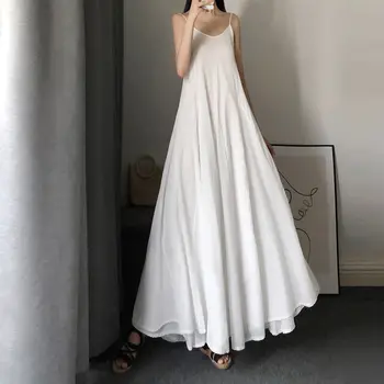 Beyaz A-line Spagetti kemerli elbise Kadın Yaz Kore Moda Sevimli Peri Siyah Uzun Boho Plaj Elbiseleri Ropa Mujer Talla Grande